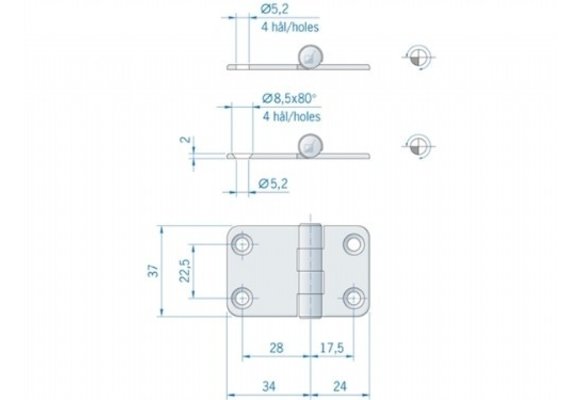 Roca vlakscharnier met ronde hoeken RVS 58 x 37 mm 441550