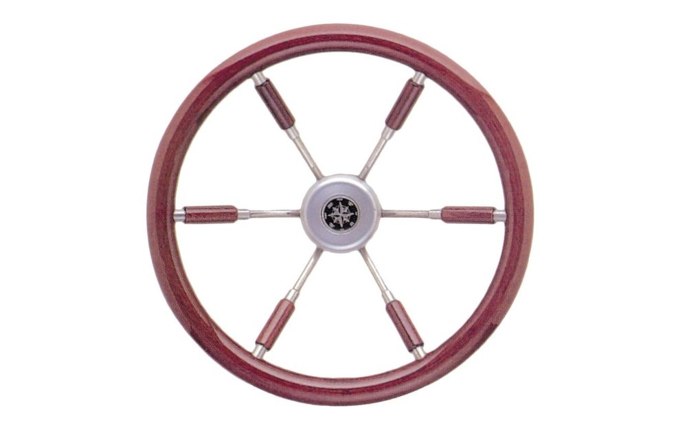 Allpa 6-Spaaks stuurwiel Leader Prestige RVS met mahoniehouten rand A=390mm B=100mm