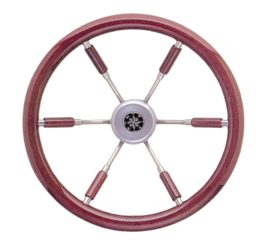 Allpa 6-Spaaks stuurwiel Leader Prestige RVS met mahoniehouten rand A=390mm B=100mm