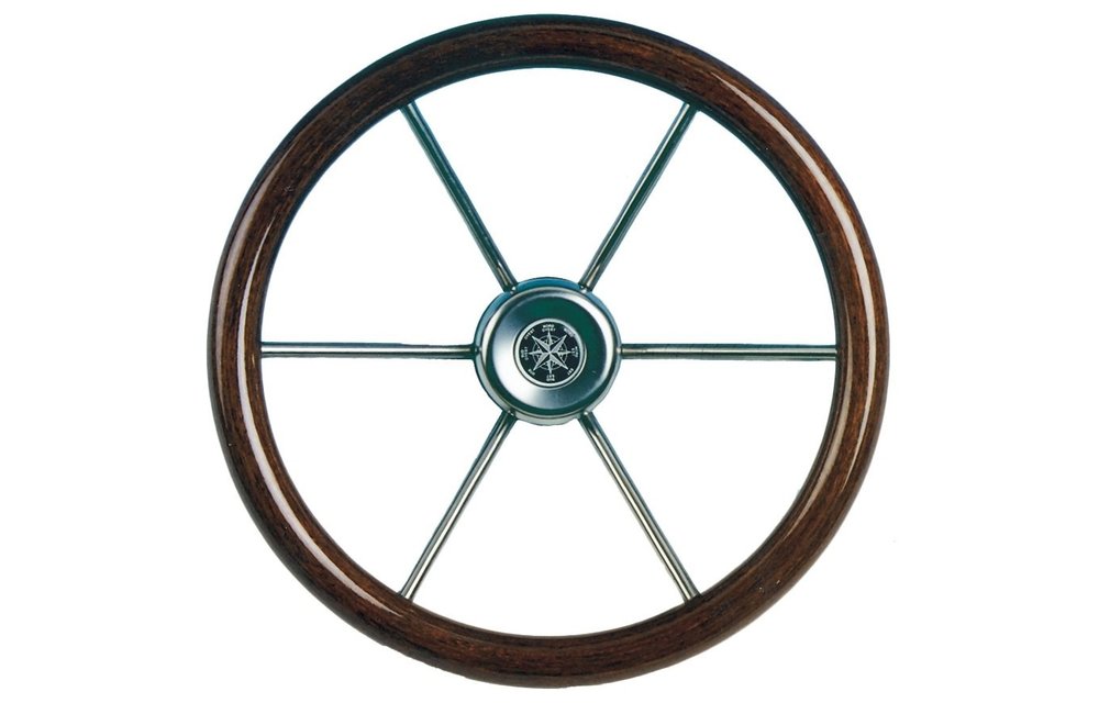 6-Spaaks stuurwiel Leader Wood RVS met mahoniehouten rand  39 cm