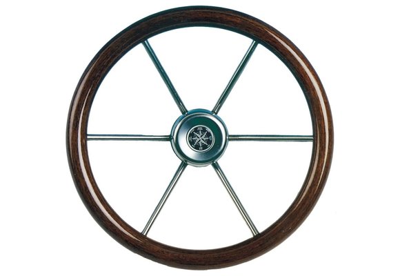 6-Spaaks stuurwiel Leader Wood RVS met mahoniehouten rand  36 cm