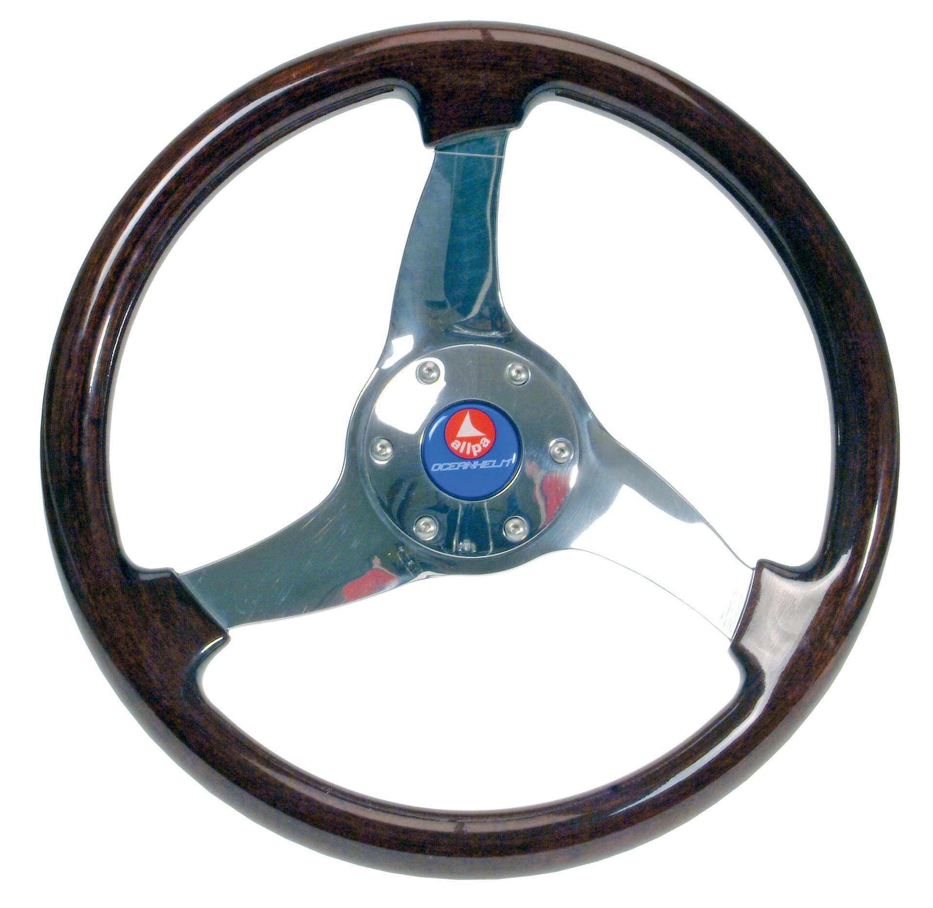 Allpa 3-Spaaks stuurwiel Elica RVS met mahoniehouten rand A=350mm B=95mm