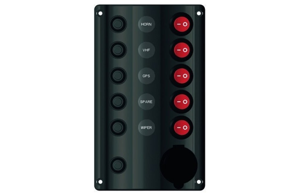Allpa 12 volt schakelpaneel met 5-schakelaars en 12 volt stopcontact
