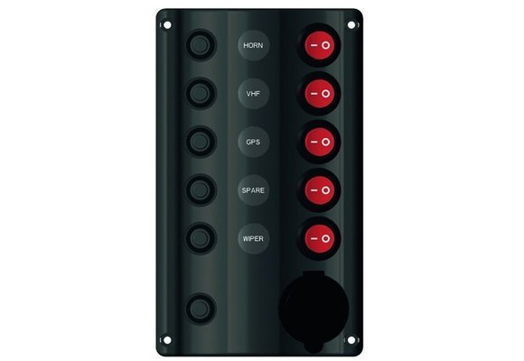 Allpa 12 volt schakelpaneel met 5-schakelaars en 12 volt stopcontact