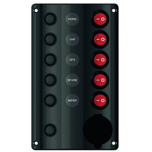 Allpa 12 volt schakelpaneel met 5-schakelaars en 12 volt stopcontact