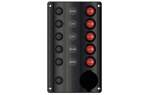 Allpa 12 volt schakelpaneel met 5-schakelaars en 12 volt stopcontact