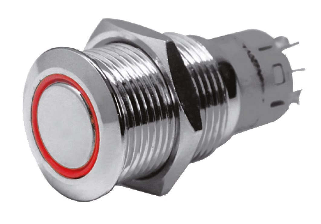 Allpa RVS Ring LED drukschakelaar  (ON) / OFF  12V  boorgat Ø22mm  inbouwdiepte 40mm  rood LED