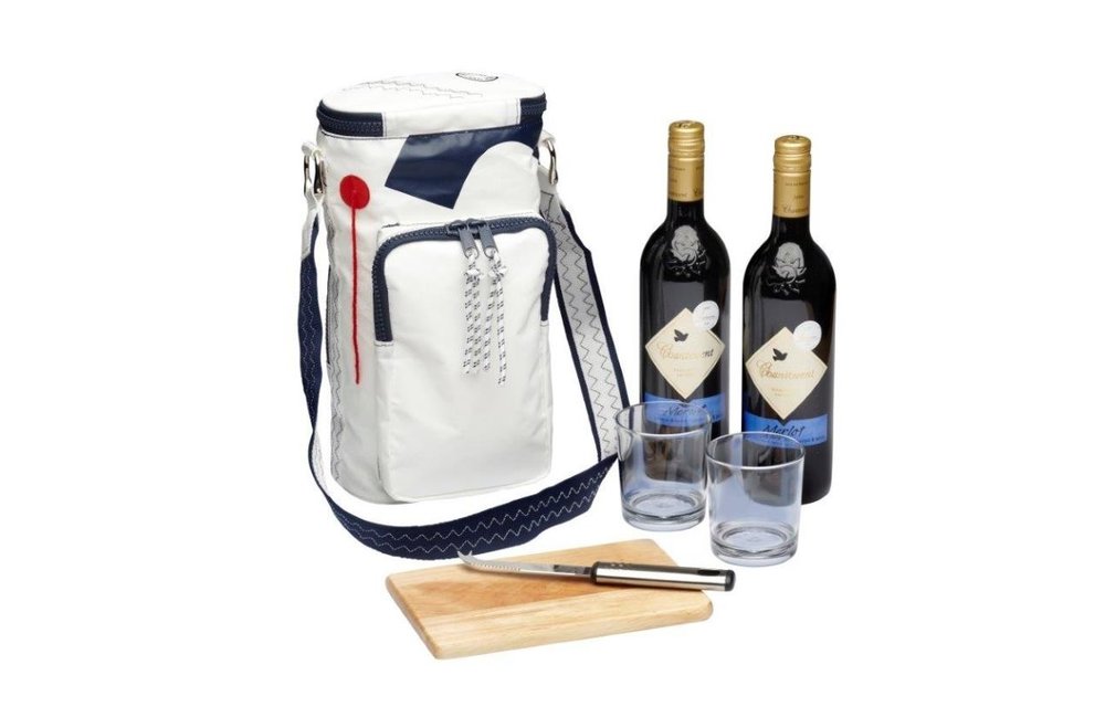 Zeildoek wijn koel-/ schoudertas voor 2 flessen met glazen en kaasset Sea Princess navy