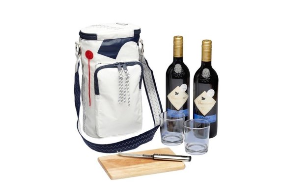 Zeildoek wijn koel-/ schoudertas voor 2 flessen met glazen en kaasset Sea Princess navy
