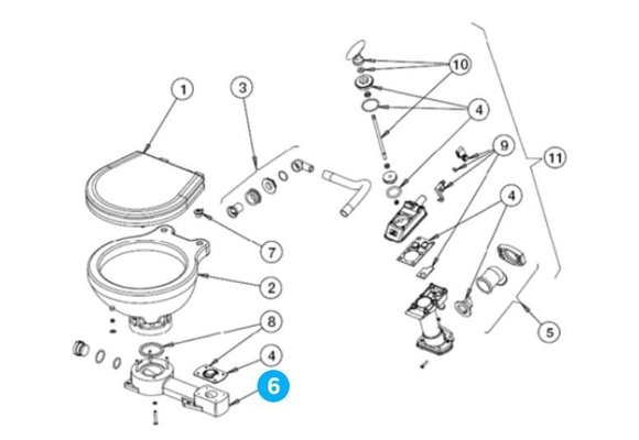 Johnson Pump plastic voetstuk met pakkingring voor scheepstoilet Johnson compact model