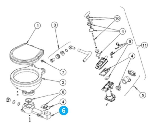 Johnson Pump plastic voetstuk met pakkingring voor scheepstoilet Johnson compact model