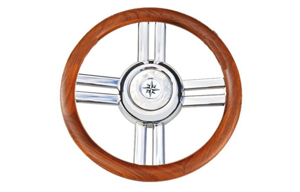 Allpa 4-Spaaks stuurwiel "Model 25B" RVS met houten rand, A=350mm, B=60mm