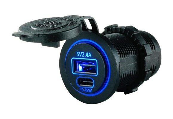 USB Stopcontact met USB-C snellader  aansluiting : USB 2.4A + USB-C PD 45W