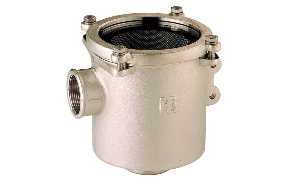 Brons-Vernikkeld koelwaterfilter (robuust) met RVS 316 zeef