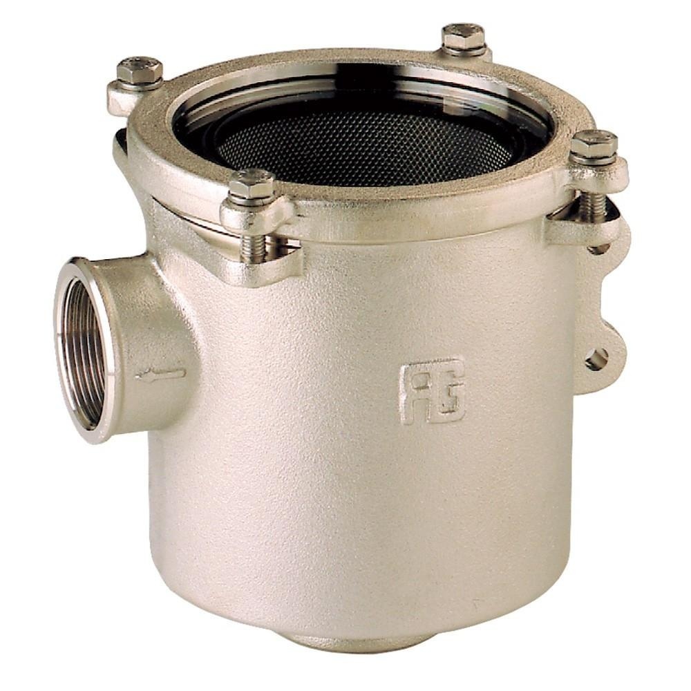 Brons-Vernikkeld koelwaterfilter (robuust) met RVS 316 zeef