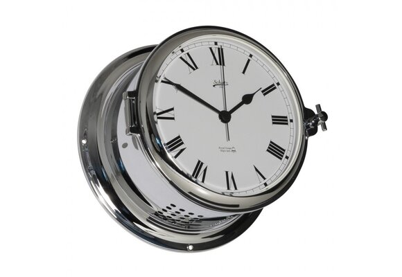 Schatz - Klok quartz Royal messing verchroomd Ø180 mm glazenslag (Romeinse cijfers)
