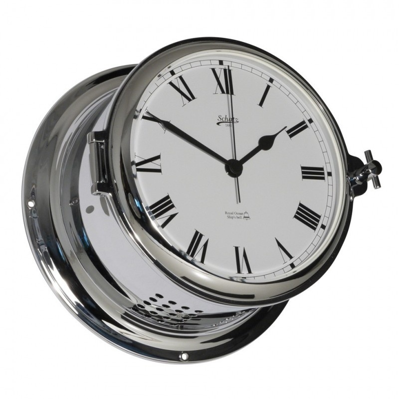 Schatz - Klok quartz Royal messing verchroomd Ø180 mm glazenslag (Romeinse cijfers)