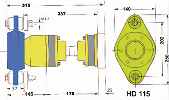 Hydradrive Type HD-115 homokinetische aandrijfset, (tot 90 pk) met druklager, homokineet en adapter