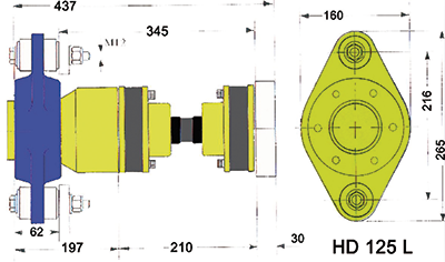 Hydradrive Type HD-125 homokinetische aandrijfset, (tot +/- 170pk) met druklager, homokineet en adapter