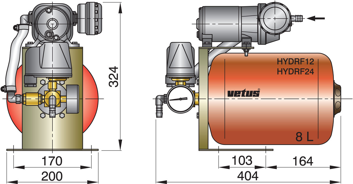 VETUS Hydrophoor 12V 8ltr tank incl drukregelaar