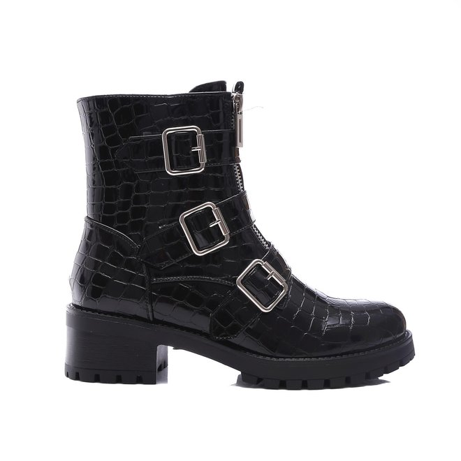 Biker boots Zwart Lak Croco zilveren gespen dubbele rits