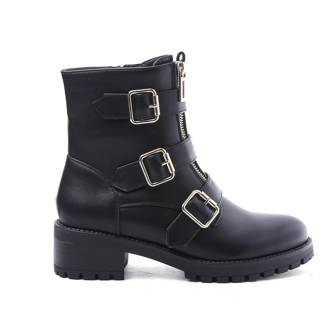 Biker Boots Zwart Gouden Gespen Dubbele Rits