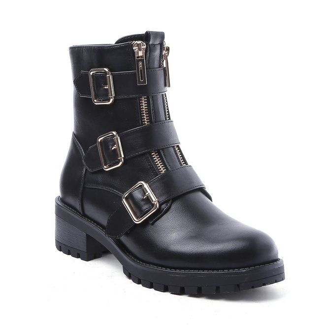 Biker Boots Zwart Gouden Gespen Dubbele Rits