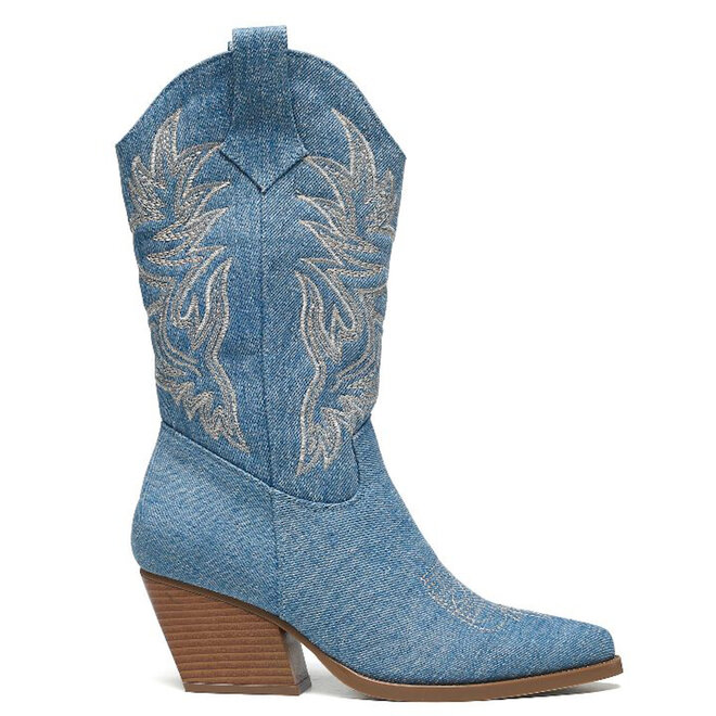 Cowboylaarzen Jeans Blauw Stiksels Beige