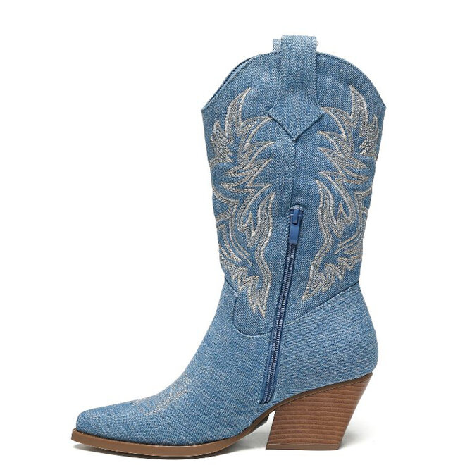 Cowboylaarzen Jeans Blauw Stiksels Beige