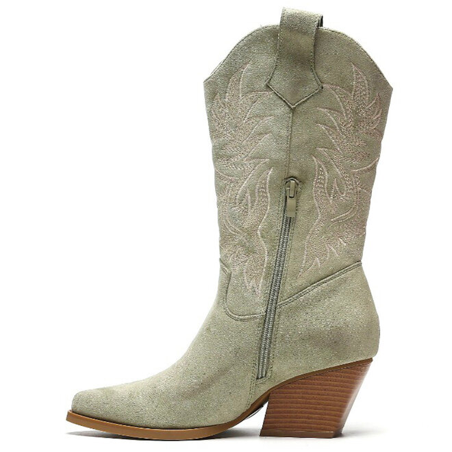 Cowboylaarzen Olive Suedine Stiksels Beige