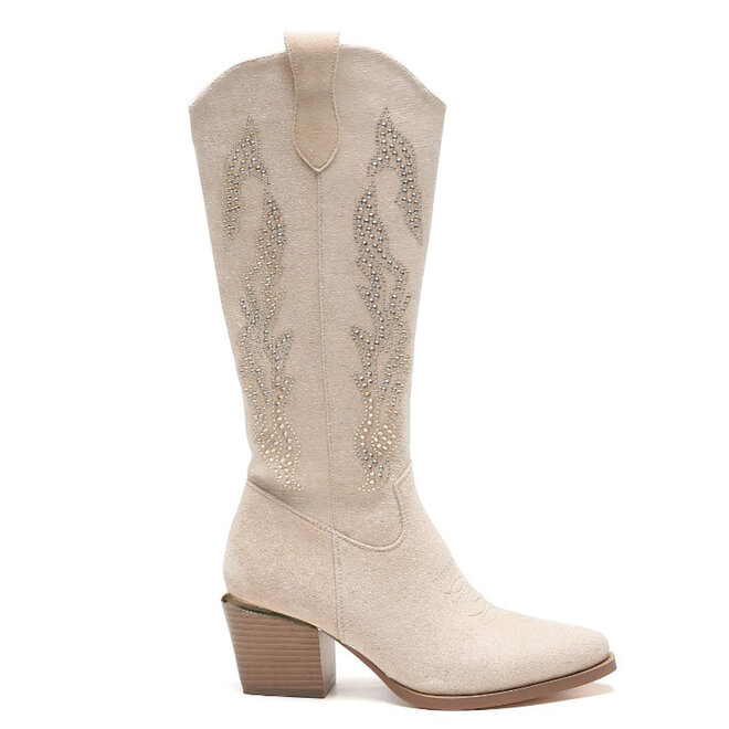 Cowboylaarzen  Beige Suedine Rhinestone Hoog