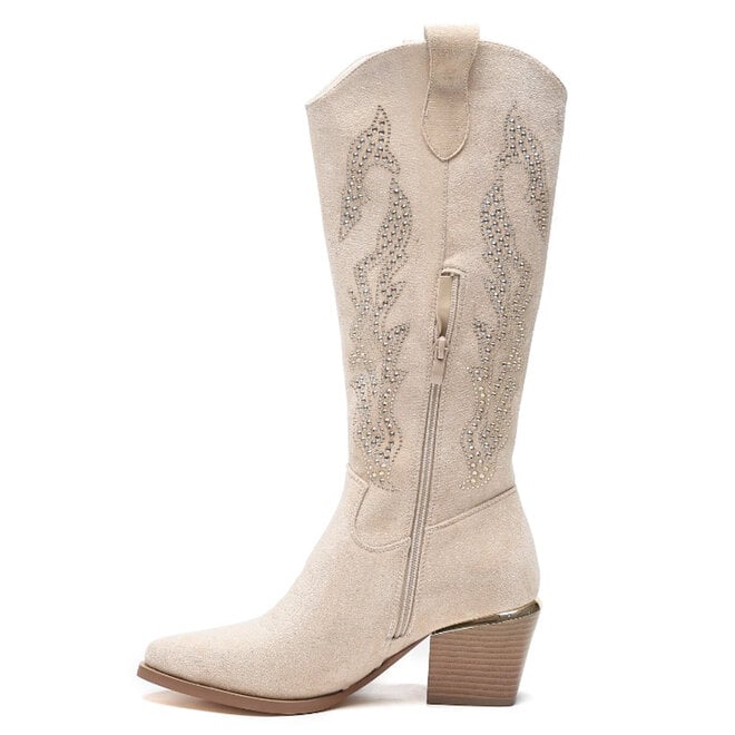 Cowboylaarzen  Beige Suedine Rhinestone Hoog