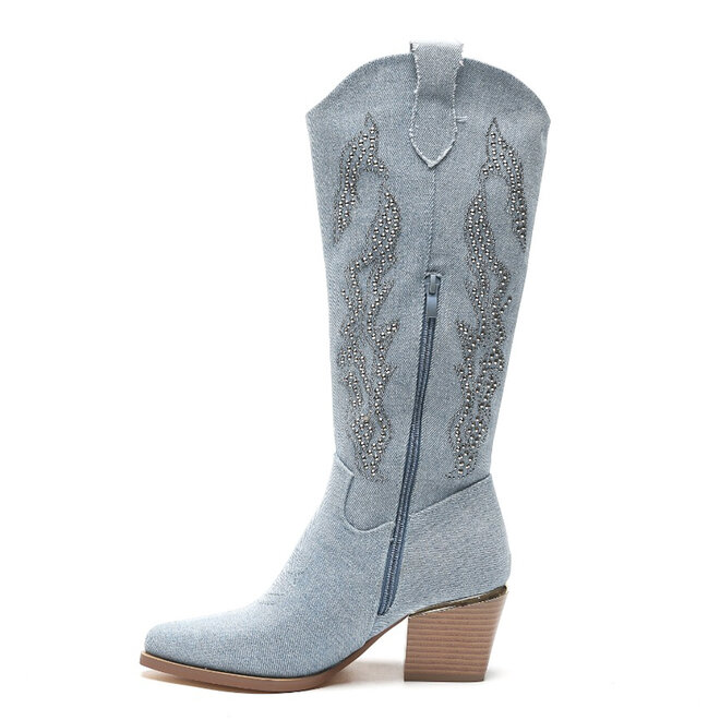 Cowboylaarzen Jeans Blauw Rhinestone Hoog