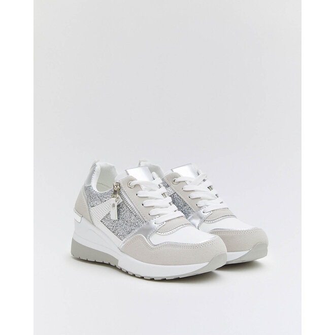 Wedge Sneakers Weiß Zip Silber Glitzer