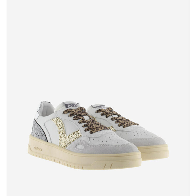 Sneakers White Split Leather Glitter Leopard