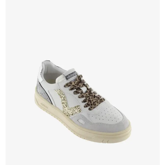 Sneakers White Split Leather Glitter Leopard
