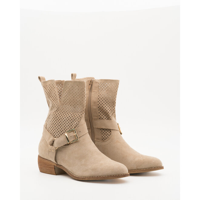 Stiefelette Beige Suedine Schnalle Niedriger Absatz