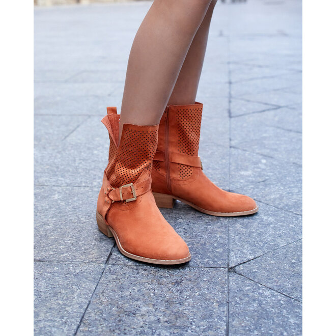 Stiefeletten Orange Wildleder Schnalle Flacher Absatz