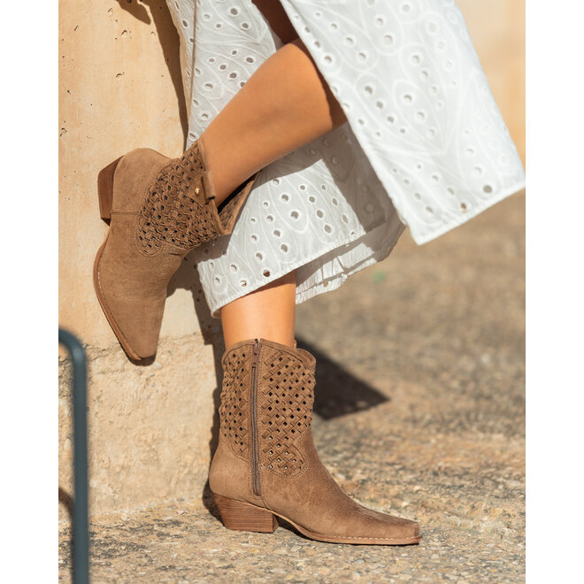 Camel Suedine Western laarzen met Vlecht Details