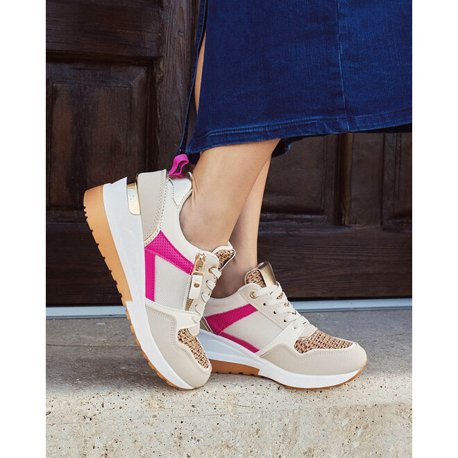 Wedge Sneakers Beige Rits Roze Canvas