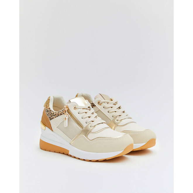 Wedge Sneakers Beige Rits Goud Leopard