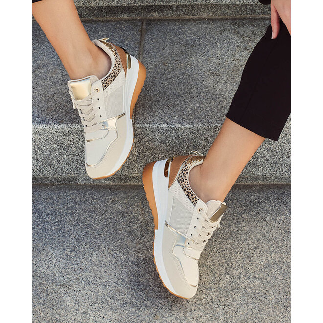 Wedge Sneakers Beige Rits Goud Leopard