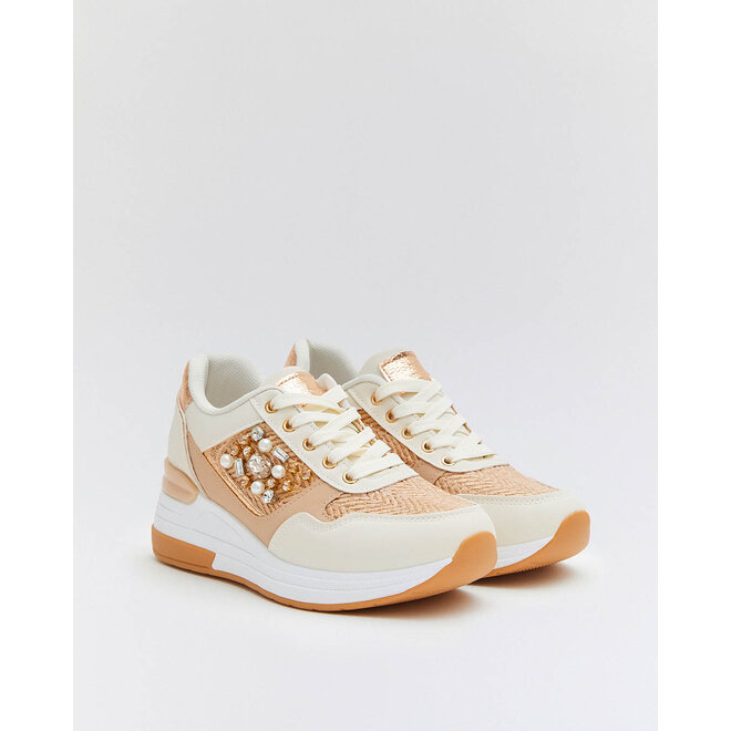 Keil Turnschuhe Weiß Canvas Bronze metallische Perlen