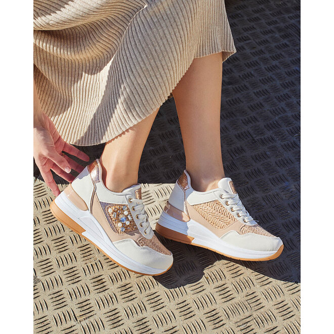 Wedge-Sneakers Weiß Canvas Bronze Metallic Perlen