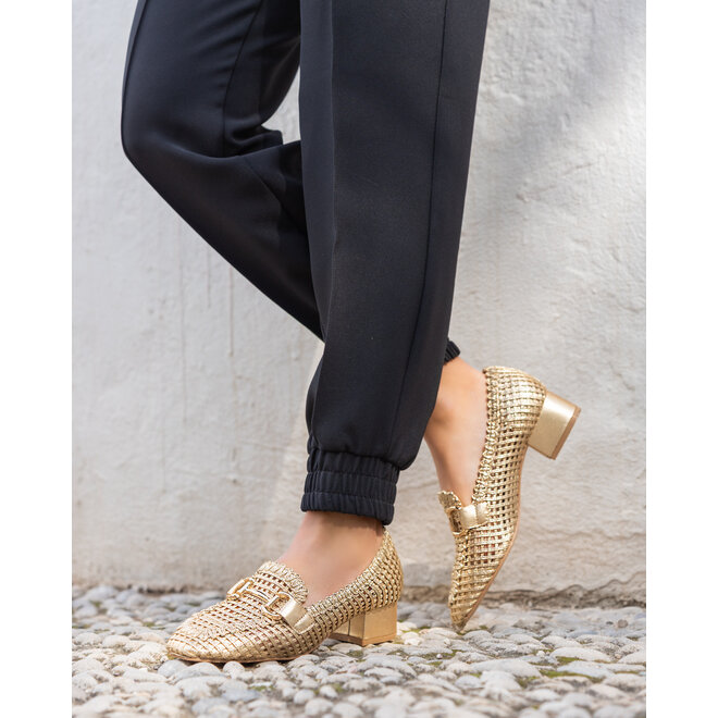 Mocassins met hak Goud Open Gesp