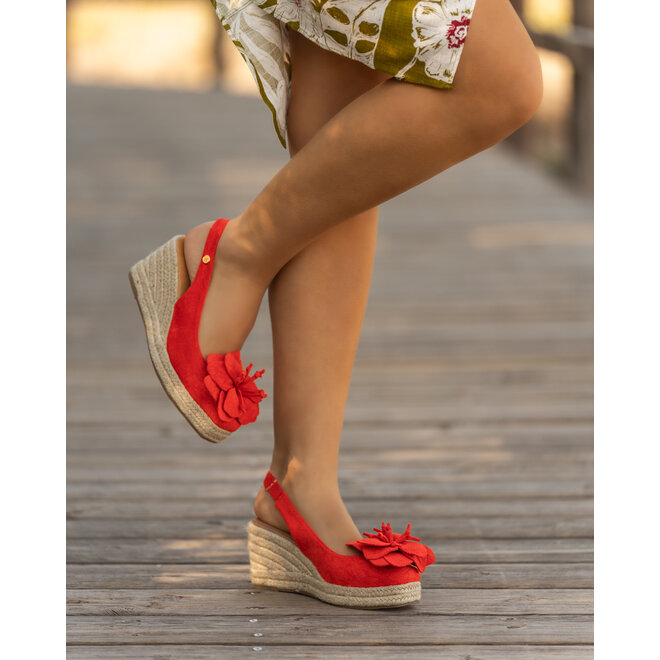 Sandaletten mit Keilabsatz Rot Suedine Blume