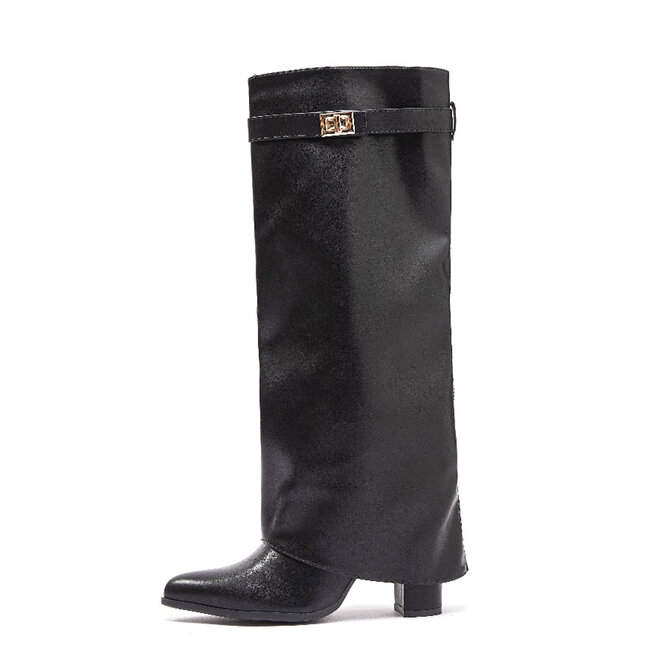 Schwarz Hohe Stiefel Klappe Goldschnalle