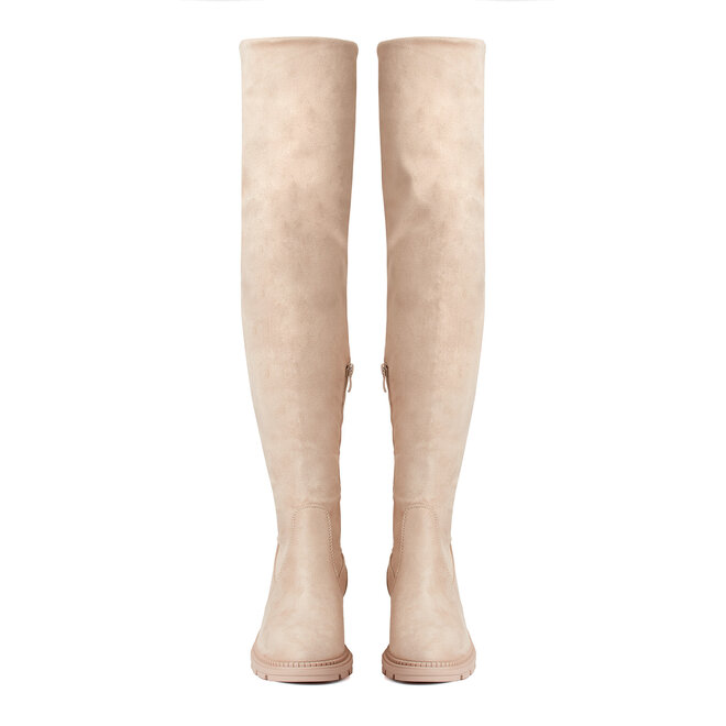 Overkneestiefel Beige aus Veloursleder mit Blockabsatz