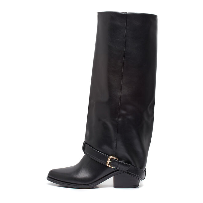 Hohe Stiefel Schwarz Klappe Goldschnalle