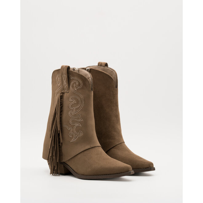 Cowboystiefel Taupe aus Velours mit Fransen und Nähten
